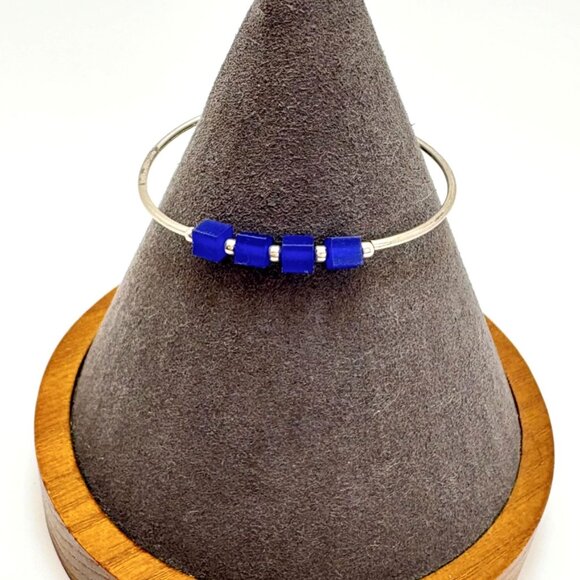 Sterling Silver 925 Child's Size Blue Cube Stone & Silver Tubing Bracelet 5" L - Picture 2 of 15